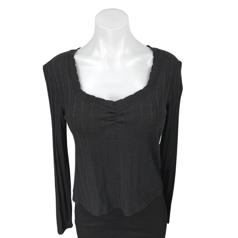 Mango MNG Women's Black Rib Knit Square Neck Long Sleeve Crop Sweater Top Size M